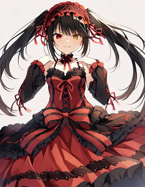 Tokisaki Kurumi, ridiculous , 1 girl, raise arms, black dress , black hair, bow, chest, Clock Eye, cowboy shooting, detachable sleeves, dress , dress bow, Hair Band , heterochromia , long hair, long sleeve , stares at viewers, medium ches...
