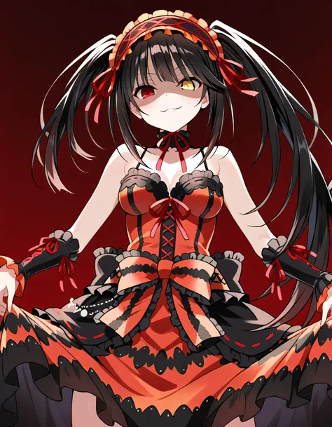 Tokisaki Kurumi,   ridiculous ,  1 girl,  raise arms, black  dress ,  black hair, bow, chest, Clock Eye,  cowboy shooting,  detachable sleeves,  dress ,  dress  bow,  Hair Band ,  heterochromia ,  long hair,   long sleeve  ,  stares at viewers, medium ches...