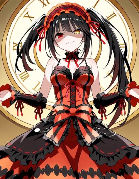 Tokisaki Kurumi, ridiculous , 1 girl, raise arms, black dress , black hair, bow, chest, Clock Eye, cowboy shooting, detachable sleeves, dress , dress bow, Hair Band , heterochromia , long hair, long sleeve , stares at viewers, medium ches...