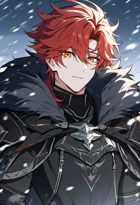 Male + red hair + orange eyes + black armor with grey accents + black fur cape + solo + frozen tundra background