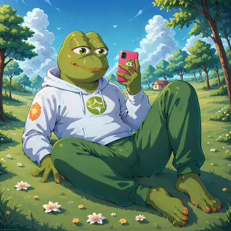 Pepe Frog, green skin, (anthropomorphic frog, enlightened pepe features, zen eyes, serene expression), 1boy, white hooded jumper, laying in grassy park,looking at phone, grass between toes, cloud shapes like crypto logos, nature reclaiming degen, fresh air...