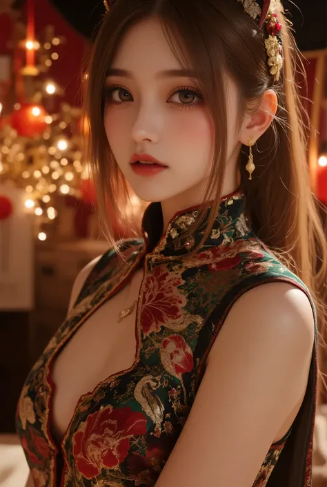 Cat ears、 face up, attractive, pretty girl, ponytail、few beautiful lady hair decorations, (( fine facial features , eroticism)), dramatic lighting , realistic , 8k, Dramatic Shadows , intricate and elaborate patterns , super detailed photo , chiaroscuro li...