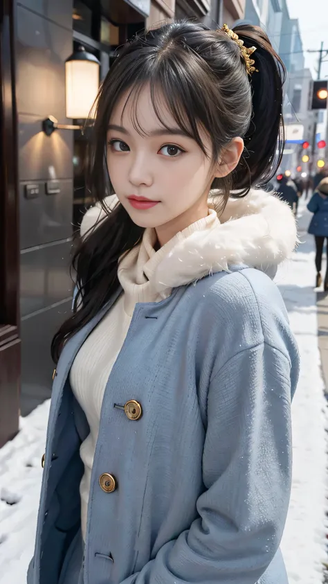 European Streets,Snowy cityscape,outdoors,Hair style: ponytail,wearing a deep navy blue winter coat with a fur-lined hood and cuffs. The coat is elegantly tailored, double-breasted with gold buttons, and has a slightly flared silhouette, giving it a stylis...