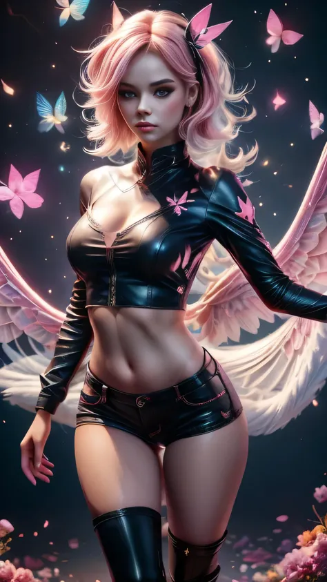 shimmering, sparkling, airbrushed gothic beauty with long black and pink hair in flowing waves, blue eyes, full slim skinny gothic cat girl body, ragged black and pink fluffy wings extending behind her crouching figure, her outfit consists of a pink long-s...