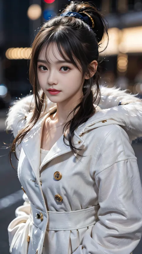 European Streets,Snowy cityscape,outdoors,Hair style: ponytail,wearing a deep navy blue winter coat with a fur-lined hood and cuffs. The coat is elegantly tailored, double-breasted with gold buttons, and has a slightly flared silhouette, giving it a stylis...