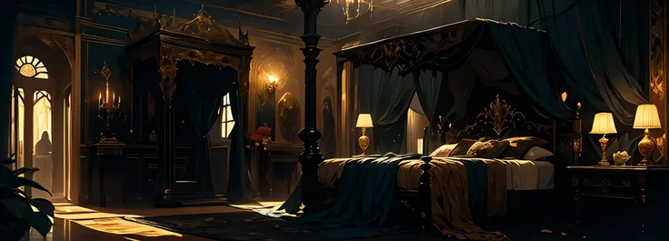 A full view, wide view of a dark and opulent bedroom with a hellish theme, with a massive four-poster bed that has sheer drapes and silk sheets