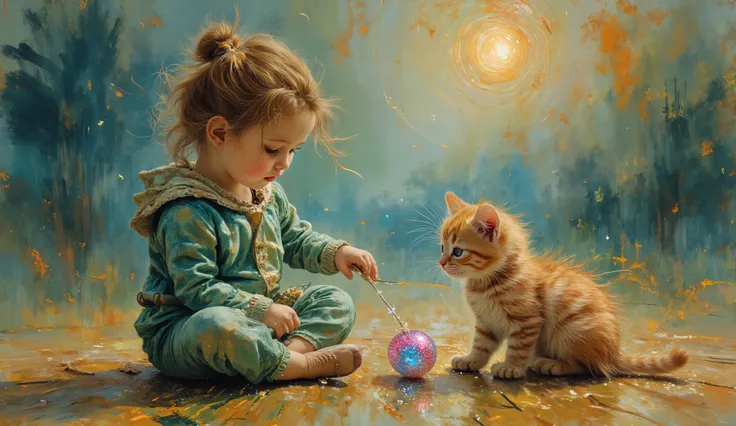 digital illustration with magical realism,   and baby kitten in playful scene, Van Gogh-inspired swirling brush techniques, ink splash elements, double exposure overlay,  in soft green outfit sitting cross-legged, kitten batting a whimsical sparkling ball,...