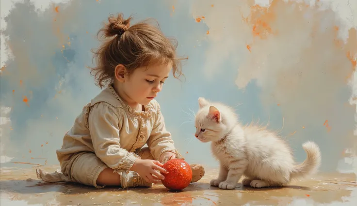 digital artwork capturing a tender moment between a toddler and a kitten, Van Gogh-inspired impressionist style, ink splash background, double exposure effect, wearing cream-colored clothing, kitten with fluffy white fur playing with a red ball, soft diff...