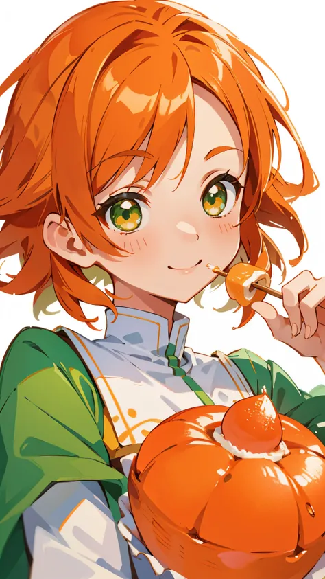  one woman、smile、 Orange Hair、 green eyes、 upper body closeup while eating sweets