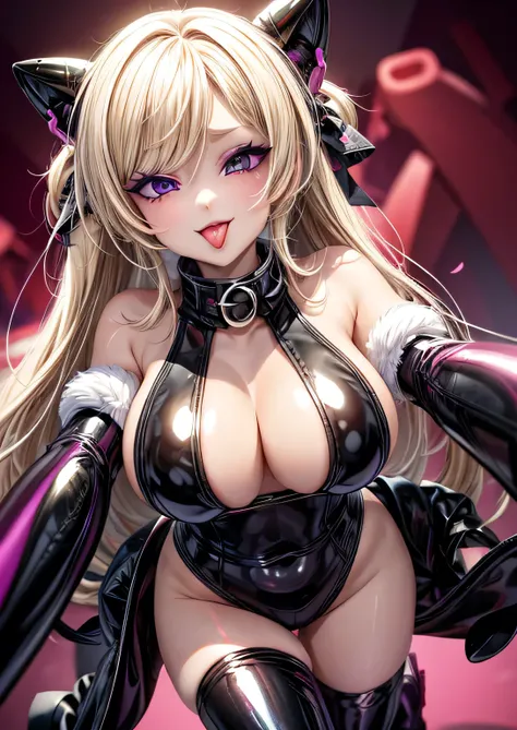 tongue out, open mouth, under , bratty girl, shiny latex, looking at viewer, blonde hair, highlighted eyes with eyeliner, false eyelashes, soft shadows, light makeup, blushed