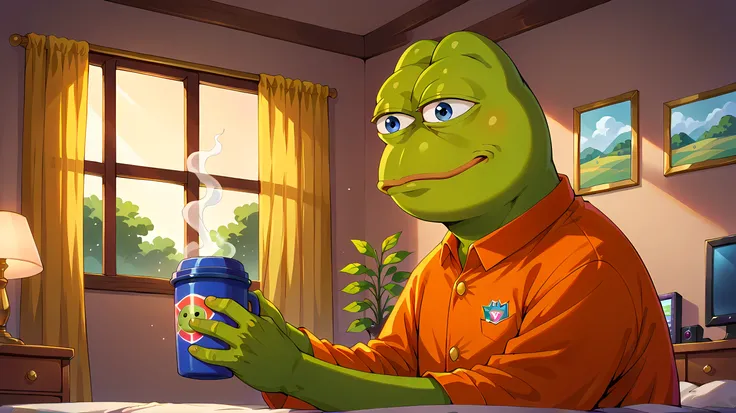 Pepe Frog, green skin, maximum detail, Detailed_background, (anthropomorphic frog, classic pepe head, heavy-lidded exhausted eyes, mouth slightly agape), 1boy, authentic morning pepe, disheveled state, luxurious navy silk dressing gown flowing open, premiu...