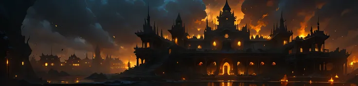 A sprawling mansion located in Hell with fiery and dark backdrop