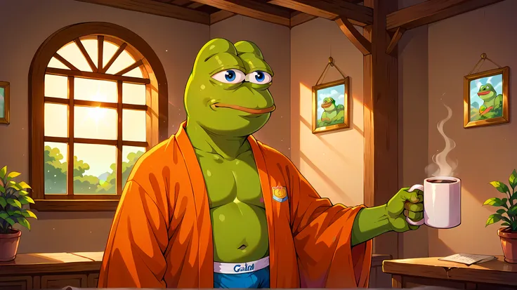 Pepe Frog, green skin, maximum detail, Detailed_background, (anthropomorphic frog, classic pepe head, heavy-lidded exhausted eyes, mouth slightly agape), 1boy, authentic morning pepe, disheveled state, dirty dressing gown flowing open, boxer shorts, holdin...