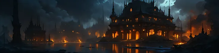 A sprawling mansion located in Hell with fiery red and black backdrop