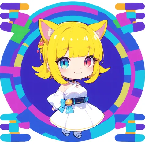 Cat ears、 bob cut blonde hair、 little character、smile、 big breasts、 white dress 、 vivid background 