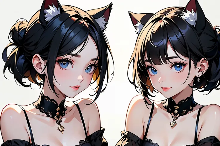 ( top quality,  Masterpiece,  high resolution)、4K、( one woman、20 years old)、whole body、 ( depicts cute faces in detail)、  black hair、 short hair、 semi-long、 bob cut、 hair bun、 hair ornament、(Cat ears)、 black cat costume、 White cat costume  、 choker、( linge...