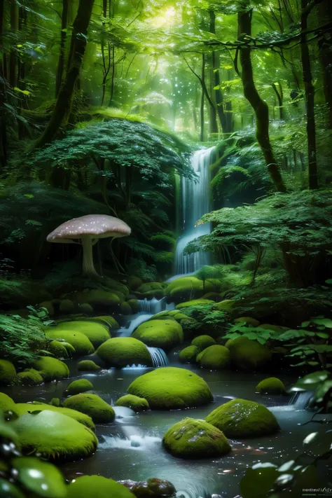 a whimsical forest, mystical forest, fantasy forest, lush green foliage, magical atmosphere, ethereal lighting, mystical creatures, floating orbs, glowing mushrooms, vibrant colors, fairy tale, dreamlike, soft focus, (best quality,4k,8k,highres,masterpiece...