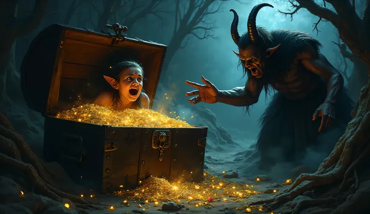 In the foreground, a chest full of gold and gems, removing from the chest the terrified face with its mouth open and its eyes wide open..  On the right side the devil making a gesture of wanting to take the box. On the left side a landscape of shadows and ...