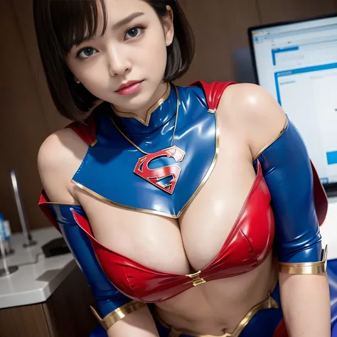  Masterpiece、 latex supergirl costume 、 off shoulder、Ultra short hair、Big and rich breasts 、 Shiny Sweaty Skin 、 facing directly、 choker、Provocative cleavage、 Long Sleeve、Cape、Glamorous bare legs、 in front of laboratory equipment in hospital room、Close-up ...