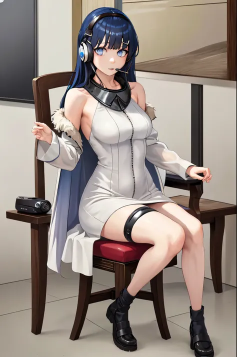 (masterpiece, best quality:1.2), sadlinus, solo, 1girl, tsunomaki watame, chair, headset, long hair, WatameBase, fur-trimmed dress, white dress, bare shoulders, hairclip, cape 