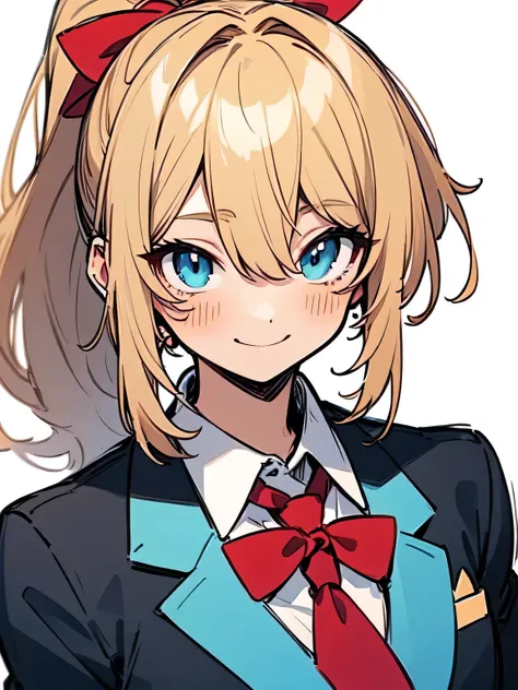 solo,upperbody,blonde ponytail,bangs between eyes,blue eyes,cute face,school uniform, blazer,red rribbon,blue earring,smile,(managa style),(sketch),illustration),white simple background,