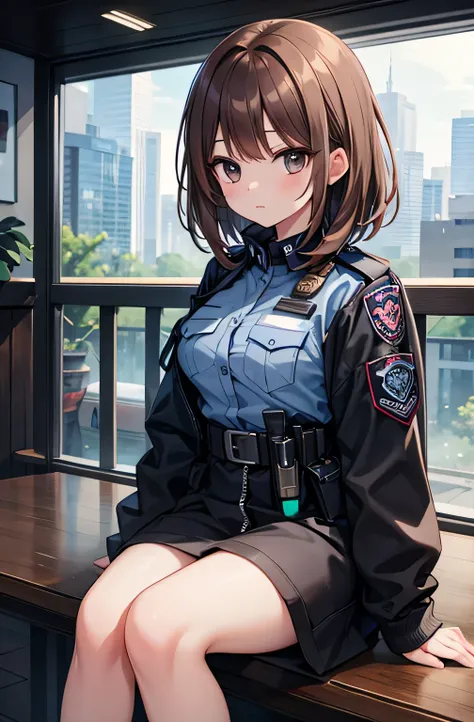  high quality　 Masterpiece　 beautiful girl　 brown hair　 wave medium hair　 dark eyes　security police　Digital Space