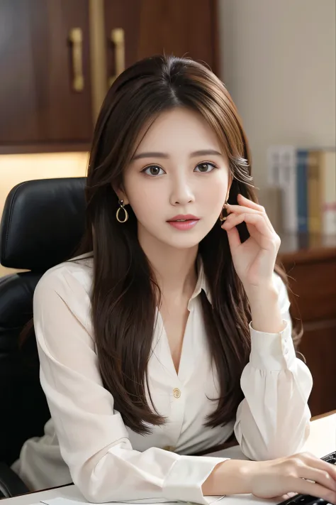 masterpiece、 best quality 、 real 、 very detailed on trends、 with finer details、High Resolution、8k wallpaper、1 beautiful woman、At the office、 Light Brown Disheveled Hair、 perfect dynamic configuration、 beautiful beautiful eyes、 Big Earrings 、 sitting on a c...