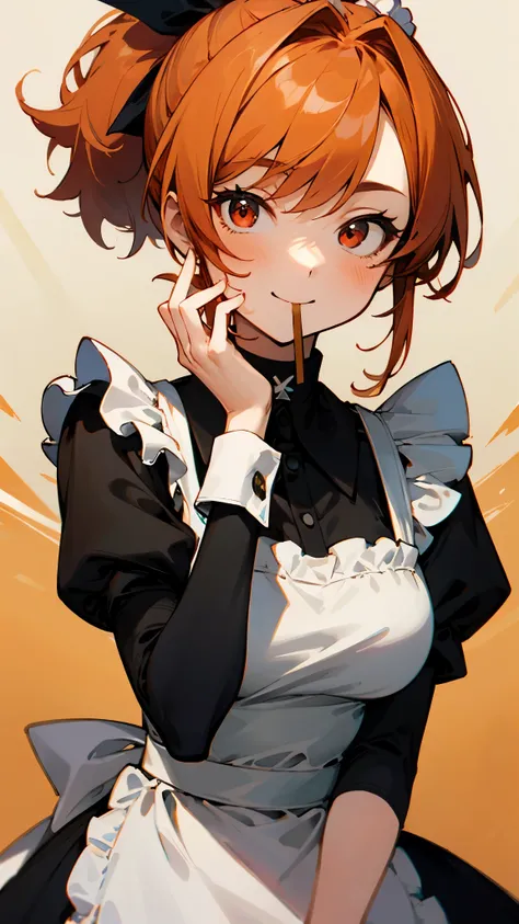  1 beautiful girl、Anime Paintings、 upper body closeup while eating sweets、 cross hands behind head 、 fluffy hair 、 orange hair、 ponytail、 beautiful red eyes 、smile、Round face、 Black Shirring Maid Dress 、 apron、 Black Corset with Straps、 headbands 、 Choker ...