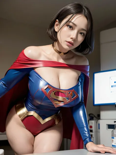  Masterpiece、 latex supergirl costume 、 off shoulder、Ultra short hair、Big and rich breasts 、 Shiny Sweaty Skin 、 facing directly、 choker、Provocative cleavage、 Long Sleeve、Cape、Glamorous bare legs、 in front of laboratory equipment in hospital room、Close up ...