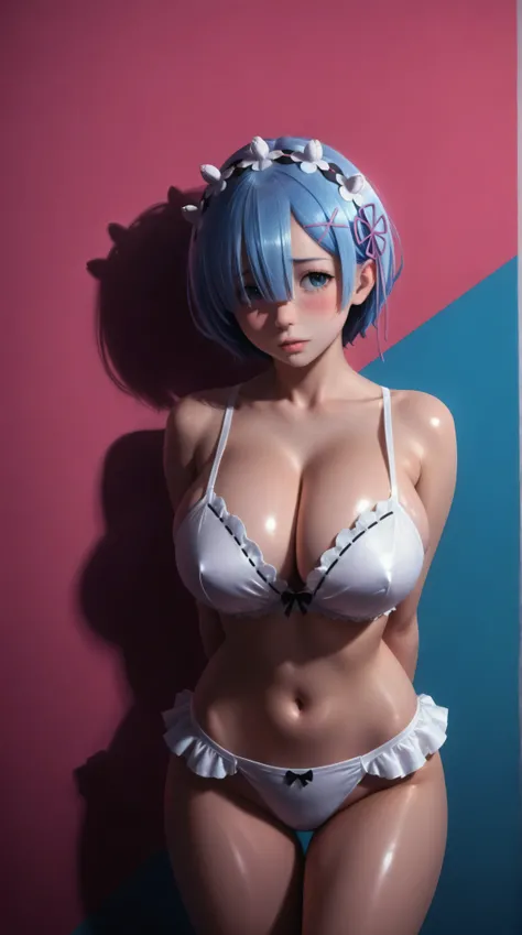 (masterpiece, best quality:1.2), 1 girl, alone，big eyes，cute expression，blue hair, Rem from Re:Zero, blue eyes, sexy maid lingerie，interesting，clean lines, arms behind back, huge breasts, cleavage, magenta background, sexy, submissive, blushing, (shiny ski...