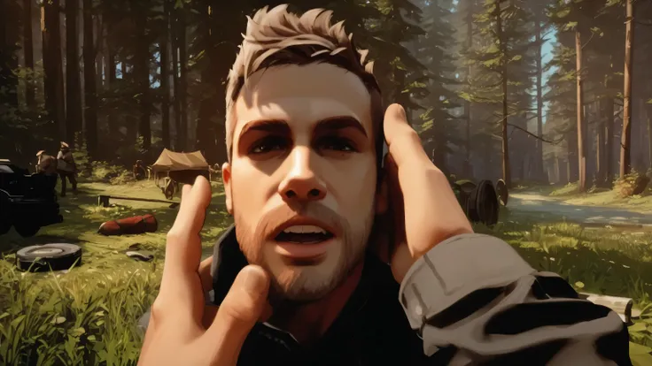 there is a man, two hands are trying to Touch His head, in the woods, Comic Art|digital art, farcry, gameplay footage, ultra detailed content : face,  highley detailled face, video game screenshot, realistic footage, ((COMIC ART), DIGITAL ART, (BLACK CHARA...