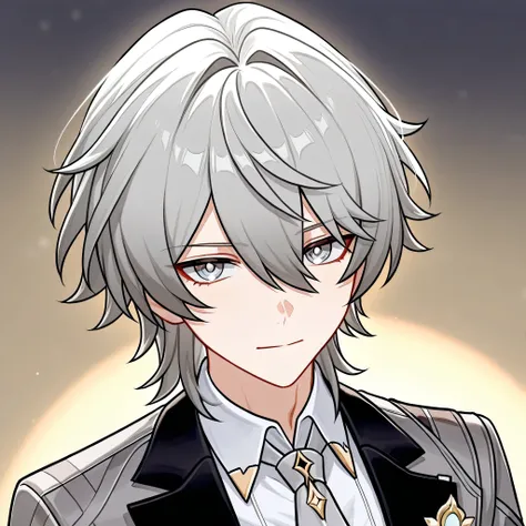 Sunday de Honkai Star Rail, Who wears gray formal style clothing and has a confident expression, masculine features and light gray hair, light gray eyes,  short hair,  gray tie 