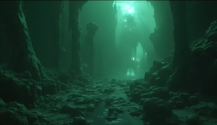 A deep-sea abyss full of bones. Sharp rocks, algae. Dark green lighting. horror