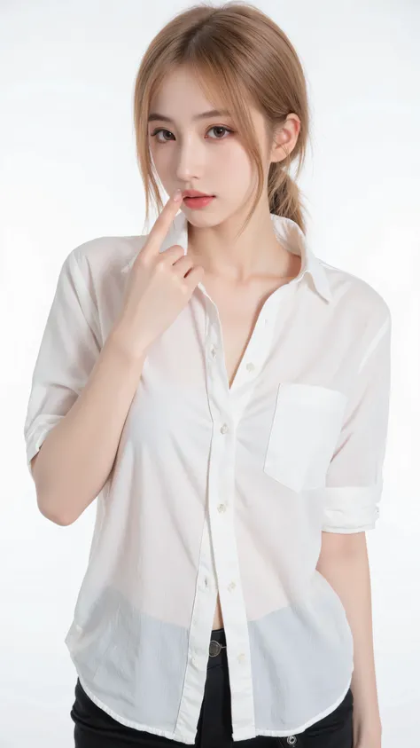 nipple, As you can see from a white shirt ((( masterpiece,  top quality)),  no underwear ,  1 girl working part-time, ( realistic photos : 1.4),  alone,  white background,   long hair,  absolute area , skirt, ((whole body)),  Bangs between eyes, Colorful h...