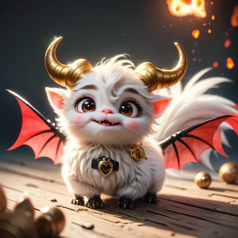 Realistic airbrush.Two Agathions with a cute, adorable appearance. The imp has a demonic appearance with red skin, horns and wings, a slightly sinister expression, and holds a fireball. The second Agathion is supposed to have sheep-like horns, a white fluf...