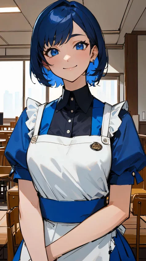  Masterpiece、 top quality、 high resolution、 very detailed、 detailed background on a futon、 in the seat、 white blouse、 BLUE SKIRT 、 upper body、 dark blue hair 、 blue eyes、smile、 wearing an apron、((indoor、morning、Cafe))、 sharp outline