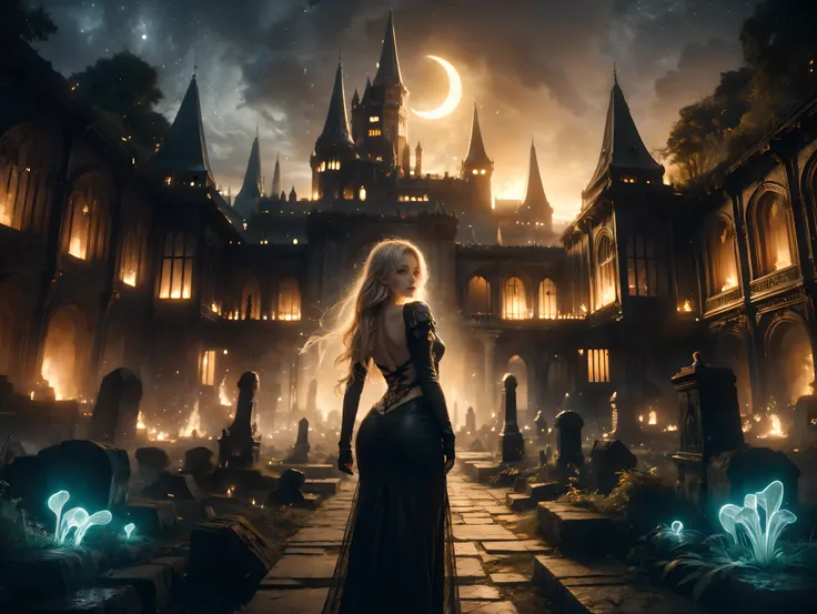 A spooky 3D scene of a haunted castle set against a dark, ghostly atmosphere. The rear view of a gothic blonde girl, approximately in her late twenties with long, flowing blonde hair, stands in the foreground looking back at me. She wears a detailed steamp...