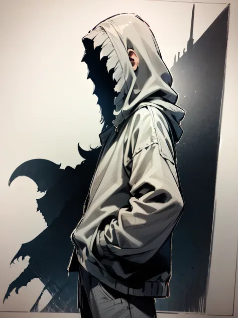 
sideview,(looking at viewer),cool model pose:1.2,solo,upperbody,(nazgul),white open long jacket mant,gray pants, grin,(managa style),(sketch),illustration),