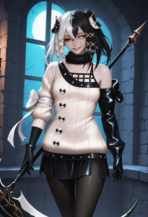 masterpiece, best quality, realistic, solo, 1girl, antil3ne, evil smile, looking at viewer, standing, holding weapon, scythe, long hair, split-color hair, black hair, white hair, hair between eyes, crossed bangs, twintails, x hair ornament, heterochromia, ...