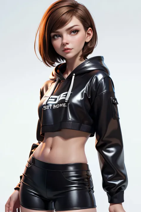 Young woman, short brown hair, hoodie, pants, latex shorts , AuriculAres, natural lighting , ultra resolution , plain white background , without patterns, No textures.