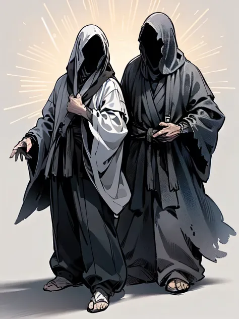 cool model pose:1.2,( two nazgul with their backs together),(1nazgul is white open long jacket mant,gray pants),(1nazgul is black robe ),(managa style),(sketch),illustration),