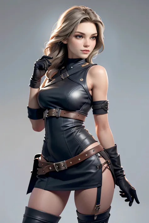 Young woman dark brown eyes, shaggy blond hair , gray leather clothing , Capelina , Gloves, if, straps, natural lighting , ultra resolution , plain white background , without patterns, No textures.