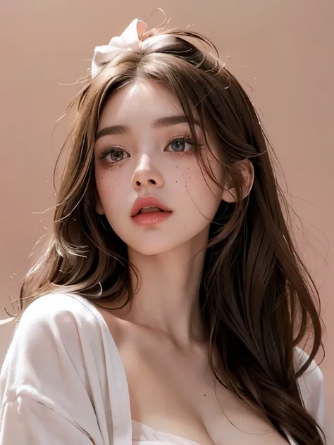 Beautiful girl; (Brown hair, with a nice bow); (honey colored eyes, pretty eyes, big eyelashes and thin cute eyebrows, full lips, Cupid and Heart shaped lips, pink and pretty lips); (pale white skin with pink tones; freckles and moles all over the body); (...