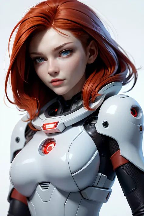Young red-haired semi-cyborg woman, nice face, detailed eyes, Futuristic space suit, science fiction , dystopian, natural lighting , ultra resolution , plain white background , without patterns, No textures.