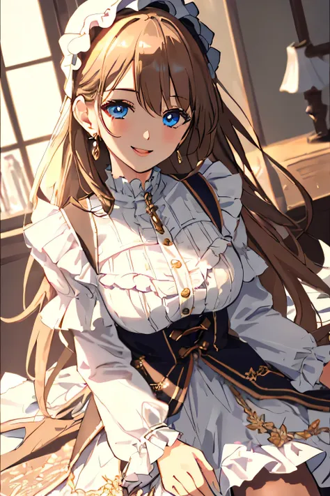 Masterpiece, (top quality:1.2), (Ultra Detailed:1.2), (8K:1.2), 1girl, cute, blue eyes, charming smile, high quality fabric with frill