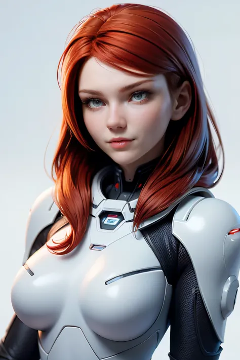 Young red-haired semi-cyborg woman, nice face, detailed eyes, Futuristic space suit, science fiction , dystopian, natural lighting , ultra resolution , plain white background , without patterns, No textures.