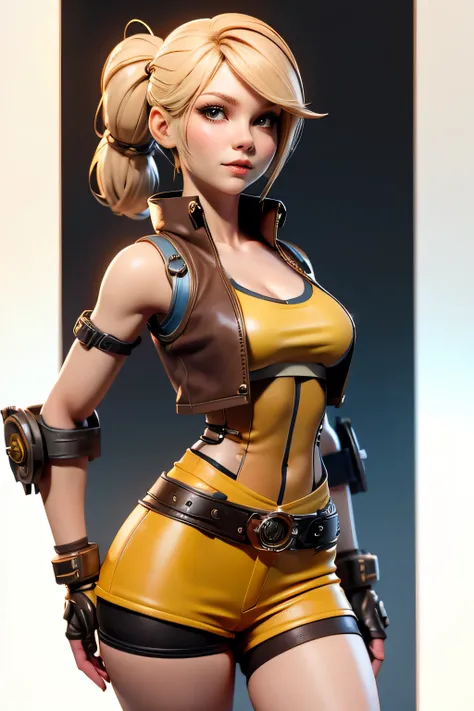 Young woman with robotic body with tubes and cables, Steampunk style, shorts, yellow skirt, brown vest, natural lighting , ultra resolution , plain white background , without patterns, No textures.