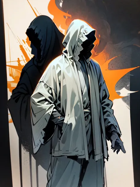 sideview,upperbody,cool model pose:1.2,( two nazgul with their backs together),(1nazgul is white open long jacket mant,gray pants),(1nazgul is black robe ), Wicked Atmosphere,Golden Aura,(managa style),(sketch),illustration),