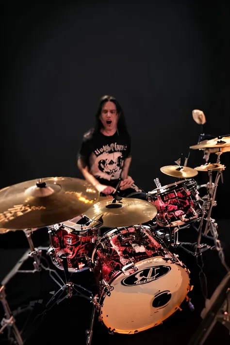 A dynamic action shot of a male drummer performing on stage, captured from a low angle close to the drum kit. The drummer has long, messy black hair. Dressed in a black jumpsuit, they are mid-motion, gripping drumsticks with intense energy. The drum kit is...