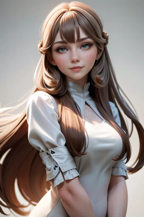 Medieval girl , long hair, color honey brown with bangs and half-curled ends, grey eyes, expression of happiness , natural lighting , ultra resolution , plain white background , without patterns, No textures.